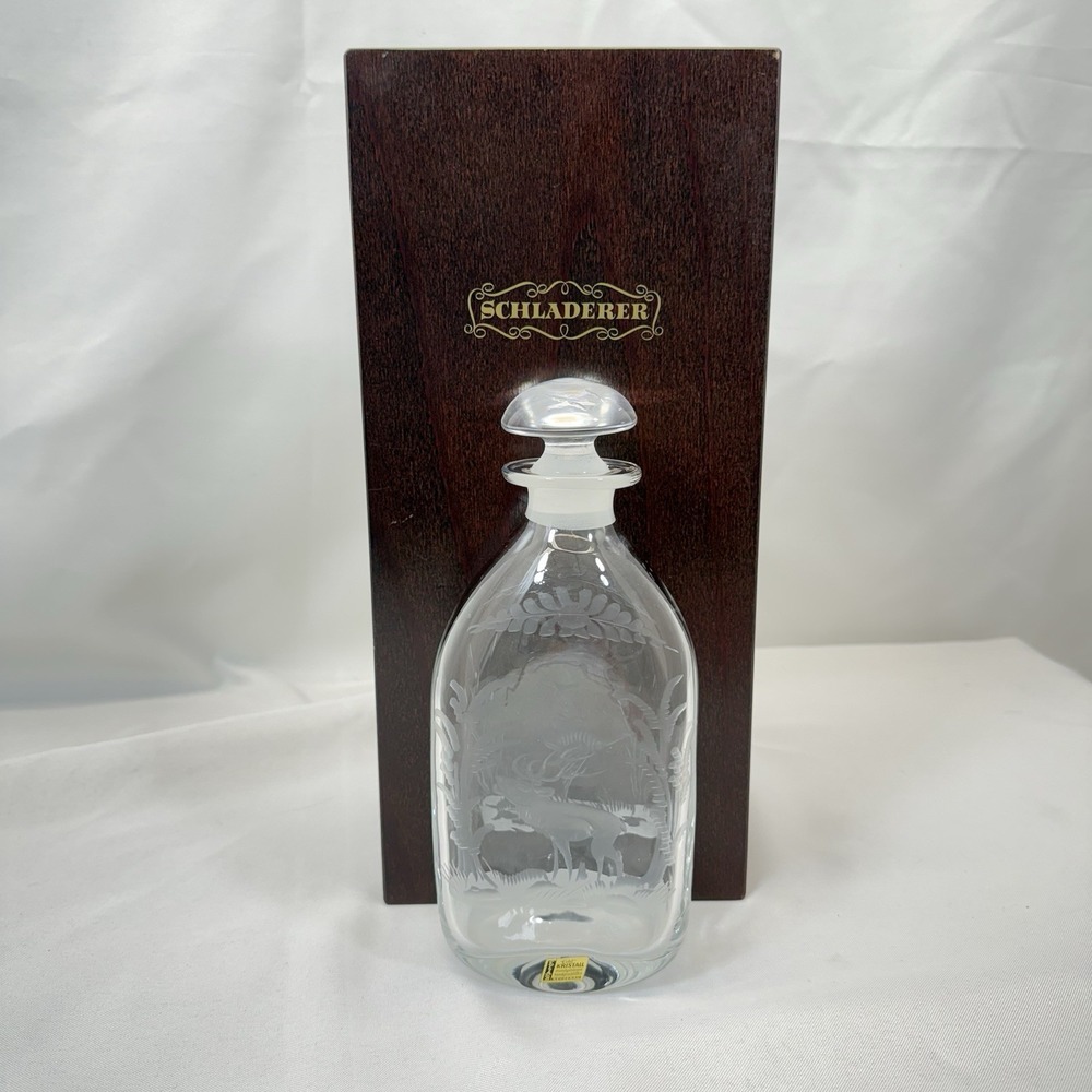 Schladerer Echt Kristall Etched Crystal Decanter w/ Wood Box Stag Ducks Germany‎